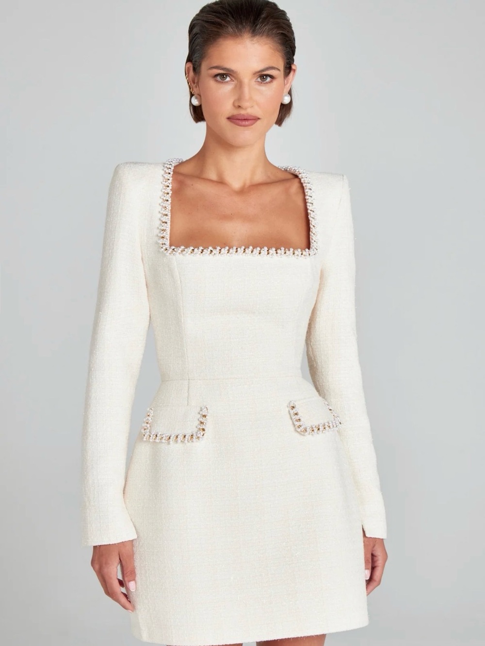 NADINE MERABI Cream Square-Neck Mini Dress
